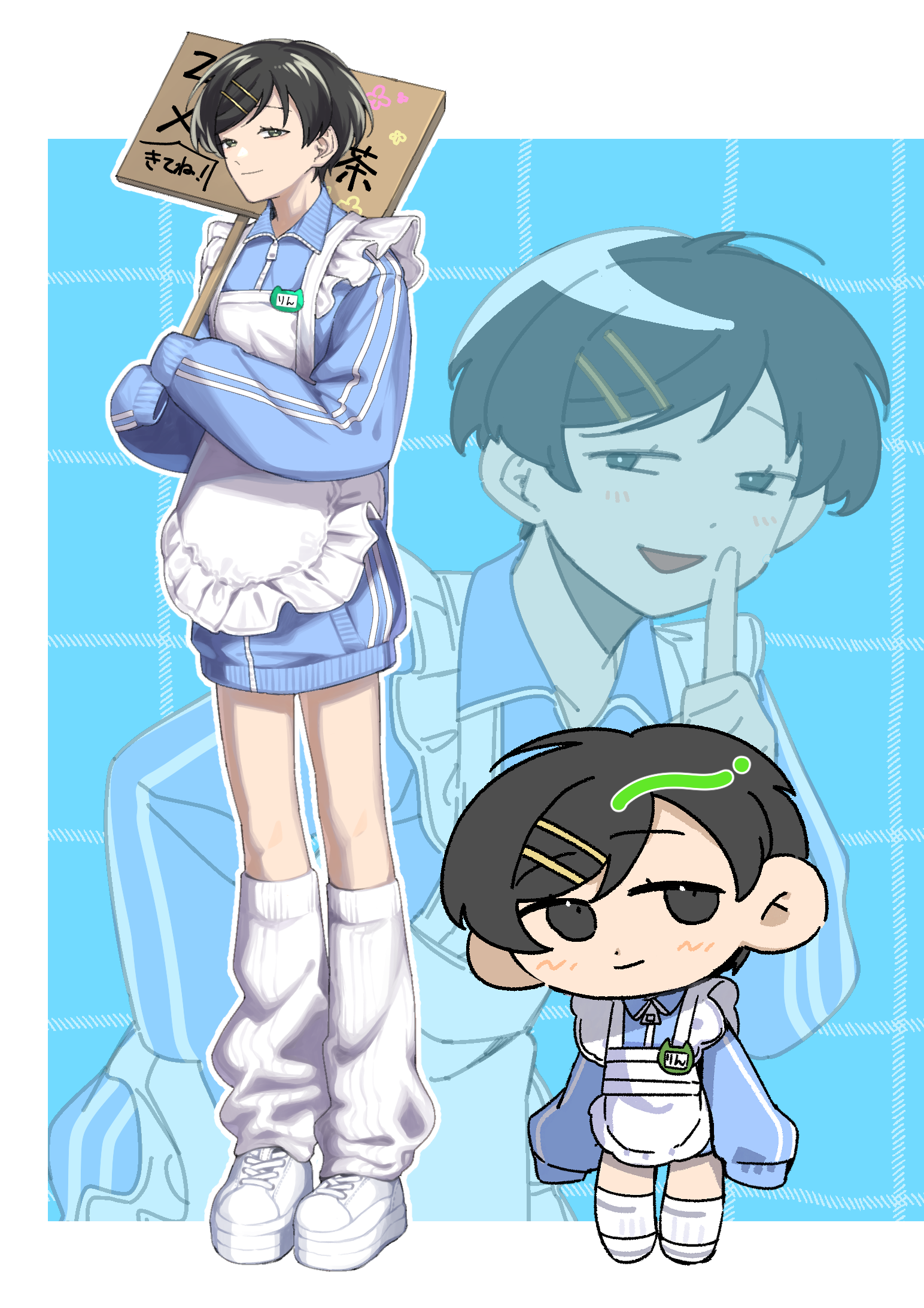 1girl :d alternate_costume apron black_eyes black_hair blue_background blue_jacket chibi commentary_request enmaided futsuu_no_keion-bu hair_ornament hairpin highres holding holding_sign index_finger_raised jacket jersey_maid kouyama_rin large_ears long_sleeves loose_socks maid maid_apron multi-source_commentary multiple_expressions multiple_pov name_tag open_mouth pixie_cut plaid_background pov rra_(yj) short_hair sign sleeves_past_fingers sleeves_past_wrists smile socks solo track_jacket unconventional_maid