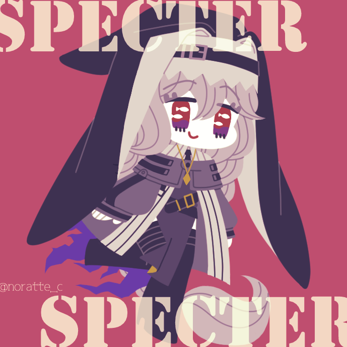 1girl arknights belt black_legwear boots capelet character_name chibi coat commentary grey_hair habit jewelry knee_boots leg_up long_hair long_sleeves looking_at_viewer magenta_background necklace nora_(petlico) pink_background red_eyes simple_background smile specter_(arknights) twitter_username very_long_hair