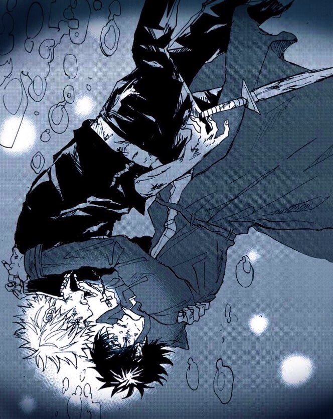 2boys air_bubble black_hair black_jacket bubble coro_(leocorok) cross cross_necklace crying crying_with_eyes_open darren_shan death hug jacket jewelry long_coat male_focus multiple_boys necklace short_hair steve_leonard submerged sword tears the_saga_of_darren_shan underwater weapon