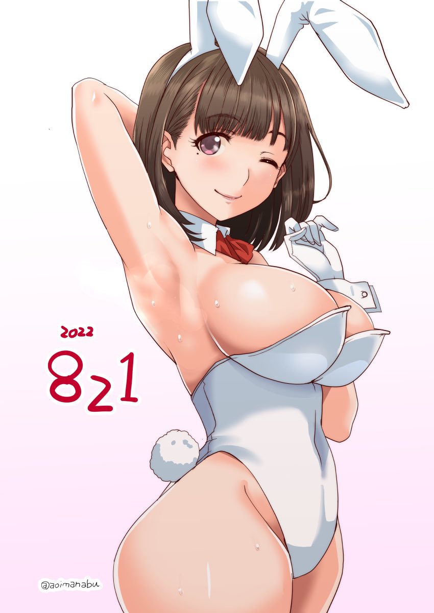 1girl animal_ears aoi_manabu bare_legs bow bowtie breasts brown_hair cowboy_shot dated detached_collar fake_animal_ears gloves gradient_background highres large_breasts leotard looking_at_viewer original playboy_bunny rabbit_ears rabbit_tail red_eyes short_hair solo standing tail twitter_username white_background white_gloves white_leotard wrist_cuffs