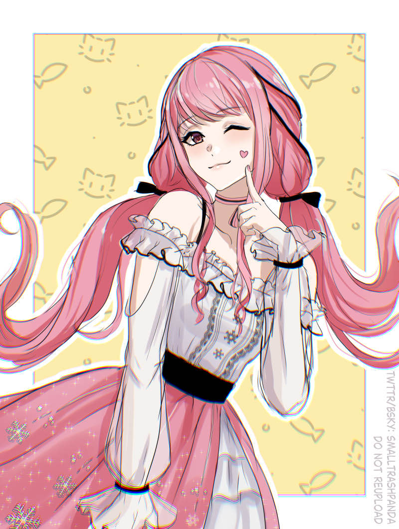 1girl animal_background arm_cutout artist_name aya_(smalltrashpanda) bare_shoulders belt black_belt black_bow black_ribbon border bow bow_choker bowtie bra_strap brown_eyes buttons cat choker closed_mouth commentary cowboy_shot english_commentary eyelashes finger_to_cheek fish floating_hair frilled_shirt frilled_skirt frilled_sleeves frills hair_bow hair_ribbon happy heart infinity_nikki layered_skirt light_blush lips long_hair long_sleeves looking_at_viewer low_twintails nail_polish nikki_(nikki) nikki_(series) off-shoulder_shirt off_shoulder one_eye_closed outline outside_border perfect_start_(infinity_nikki) pink_bow pink_bowtie pink_choker pink_hair pink_lips pink_nails pink_skirt pleated_skirt puffy_long_sleeves puffy_sleeves ribbon see-through_clothes see-through_sleeves shirt sidelocks single_stripe skirt smile snowflake_print solo standing striped_bow striped_bowtie striped_choker striped_clothes tress_ribbon twintails very_long_hair watermark wavy_hair white_border white_outline white_shirt white_skirt yellow_background