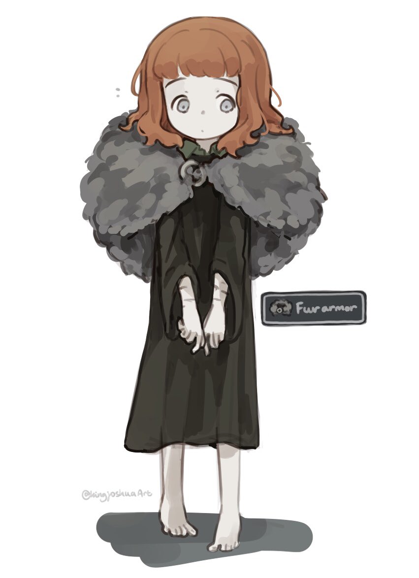 1girl barefoot black_robe blunt_bangs capelet child closed_mouth commentary dot_mouth dot_nose fear_&amp;_hunger_(series) fear_&amp;_hunger_1 full_body fur_capelet gameplay_mechanics grey_eyes kingjoshua medium_hair orange_hair oversized_clothes robe scar scar_on_arm solo standing the_girl_(fear_&amp;_hunger) twitter_username white_background