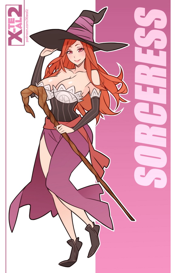1girl artist_name bare_shoulders breasts brown_hair character_name cleavage detached_sleeves dragon&#039;s_crown female_focus full_body hat large_breasts long_hair looking_at_viewer sash side_slit smile solo sorceress_(dragon&#039;s_crown) staff vanillaware watermark web_address witch_hat x-t3al