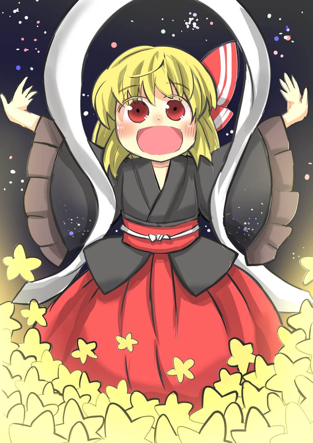 1girl blonde_hair bow cosplay female_focus gaoo_(frpjx283) gradient_background hair_bow highres open_mouth orihime_(cosplay) orihime_(tanabata) outstretched_arms red_eyes rumia shawl solo star_(symbol) touhou wide_sleeves