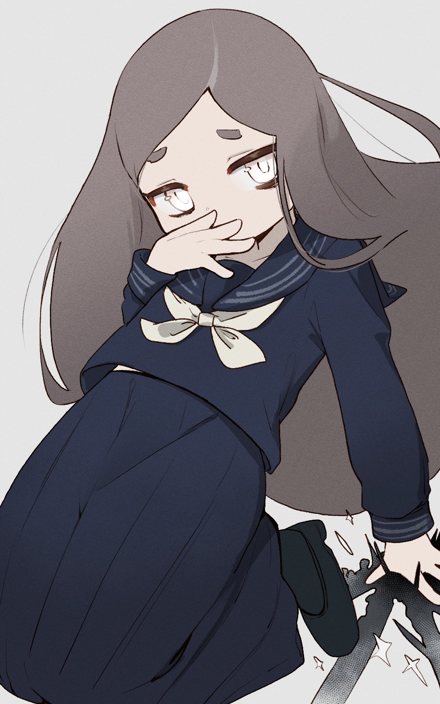 1girl black_shoes blue_serafuku blue_shirt blue_skirt brown_hair character_request commentary_request grey_background hand_up highres kashi_neko long_hair long_sleeves looking_at_viewer magia_record:_mahou_shoujo_madoka_magica_gaiden mahou_shoujo_madoka_magica neckerchief pleated_skirt school_uniform serafuku shirt shoes simple_background skirt solo sparkle very_long_hair white_eyes white_neckerchief