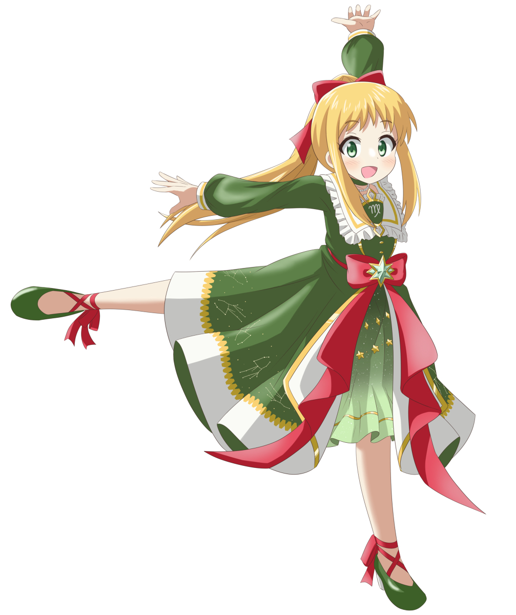 1girl arm_up blonde_hair choker dot_nose dress female_focus full_body green_choker green_eyes highres inose_mai koisuru_asteroid long_hair long_sleeves looking_at_viewer nanog_eb1994 open_mouth ponytail shoes simple_background standing standing_on_one_leg star_(symbol) white_background