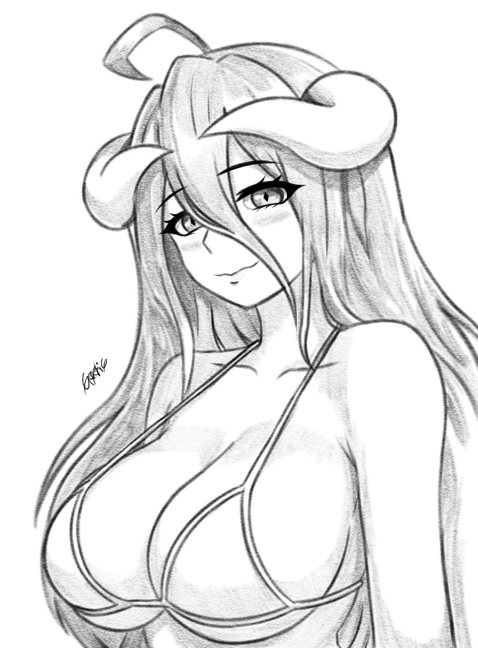 1girl ahoge albedo_(overlord) armpit_crease bare_shoulders breasts closed_mouth commentary english_commentary graphicthereal greyscale hair_between_eyes highres horns large_breasts looking_at_viewer monochrome overlord_(maruyama) signature simple_background smile solo upper_body wavy_mouth white_background