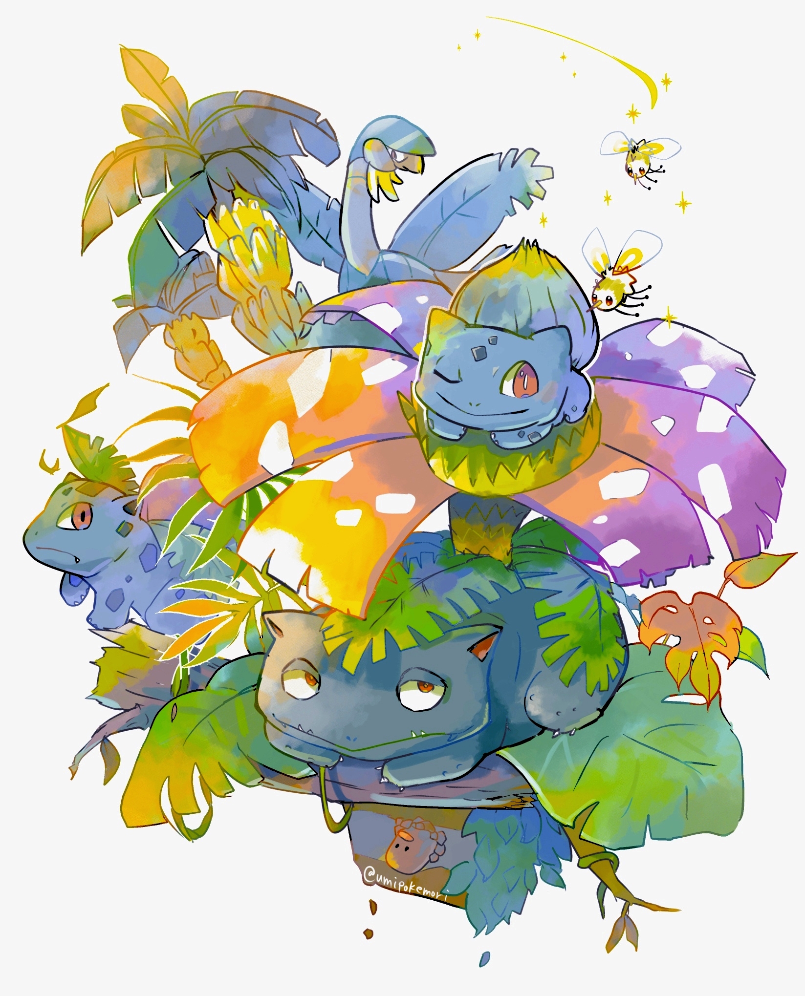animal_focus bulbasaur claws closed_mouth cutiefly diglett evolutionary_line fang full_body gen_1_pokemon gen_3_pokemon gen_7_pokemon highres ivysaur leaf nintendo no_humans pokemon pokemon_(creature) red_eyes sparkle tropius twitter_username umipokemori venusaur white_background