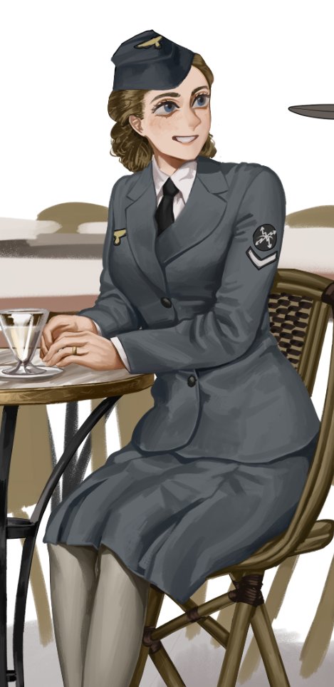 1girl chair drink garrison_cap germany grey_jacket grey_skirt hat jacket luftwaffe military military_uniform necktie original pantyhose remora25 shirt sitting skirt smile table wehrmacht white_shirt world_war_ii