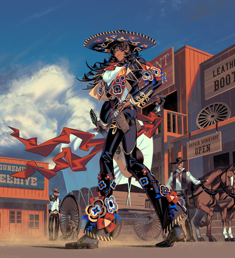 1girl 3boys acoustic_guitar black_jacket black_pants blue_sky boots breasts cloud cloudy_sky cowboy_boots cowboy_western crowd dark-skinned_female dark_skin day edarow floral_print guitar gun hand_on_own_hip handgun hat holding holding_instrument holster holstered horse instrument jacket long_hair long_legs mariachi medium_breasts mexican_clothes multiple_boys original pants red_sash reverse_trap revolver sash shirt sky solo_focus sombrero wagon weapon white_shirt wind