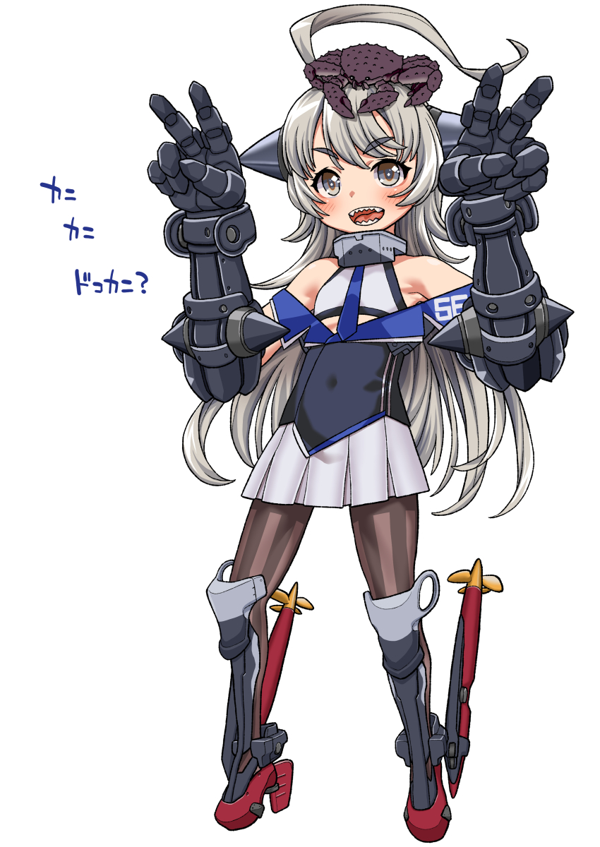 1girl ahoge black_pantyhose blue_necktie crab crab_on_head flat_chest full_body fusion gauntlets grey_eyes grey_hair harukaze_unipo headgear highres huge_ahoge kantai_collection long_hair miniskirt necktie new_battleship_princess open_mouth pantyhose pleated_skirt sharp_teeth shirt skirt sleeveless sleeveless_shirt solo standing teeth translation_request very_long_hair washington_(kancolle) white_skirt