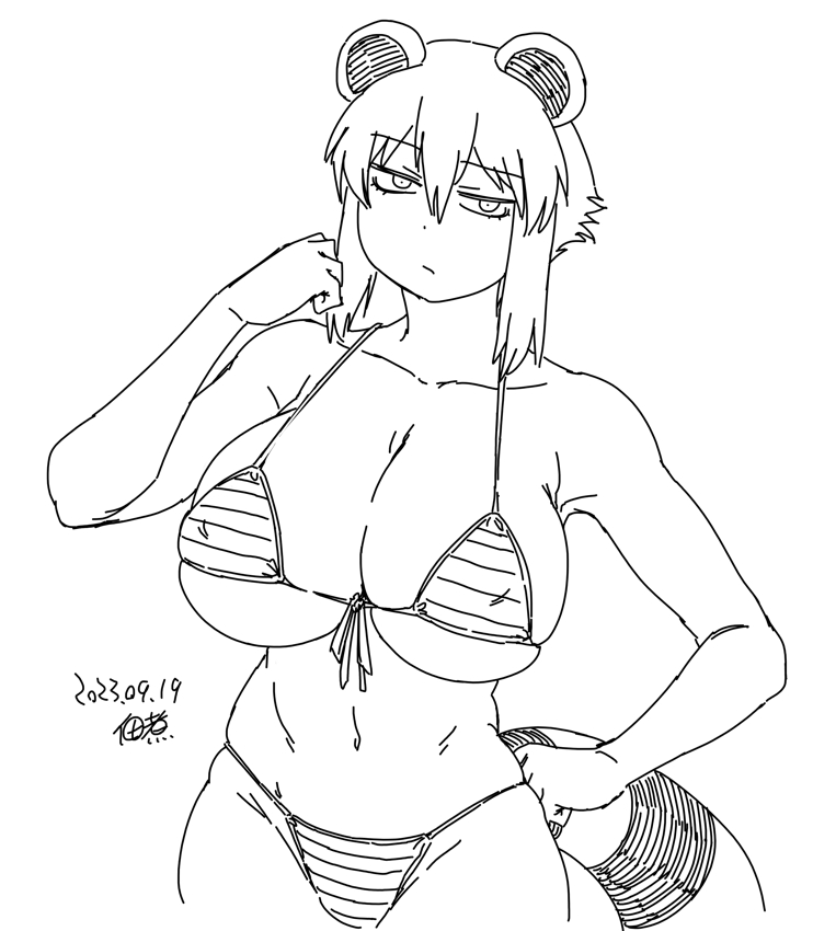 1girl animal_ears araiguma-san arm_up bare_shoulders bikini breasts clenched_hand collarbone cowboy_shot dated front-tie_bikini_top front-tie_top hair_between_eyes hand_on_own_hip large_breasts lineart long_sidelocks looking_at_viewer navel original raccoon_ears raccoon_girl raccoon_tail short_hair sidelocks signature simple_background solo stomach swimsuit tail thighs tsukudani_(coke-buta) very_short_hair white_background