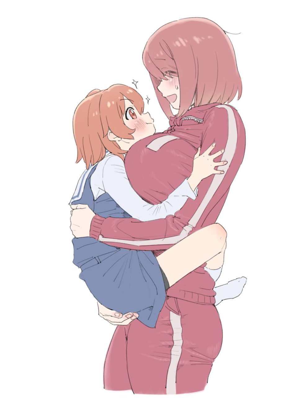 2girls between_breasts blush breasts closed_mouth embarrassed head_between_breasts highres holding hoshino_hinata hoshino_miyako_(wataten) hug jacket large_breasts looking_at_another multiple_girls open_mouth qopqop school_uniform short_hair siblings simple_background smile socks sweatdrop track_jacket track_suit watashi_ni_tenshi_ga_maiorita! white_background