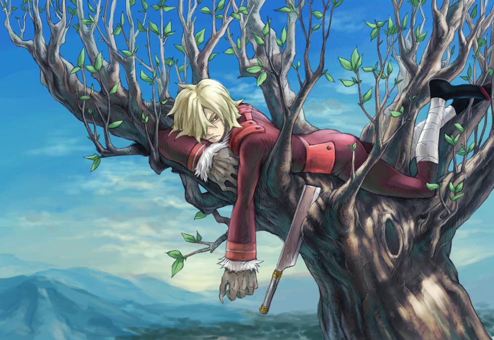 00s 1boy blonde_hair claws cleaver fangs hatchet male_focus nata_(tool) oversized_limbs rebasashi short_hair solo tengen_toppa_gurren_lagann tree viral_(ttgl)