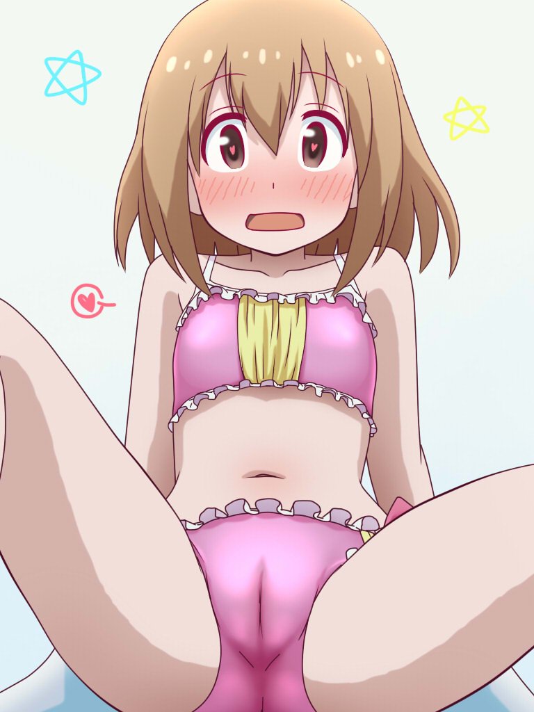1girl ass awa bikini blush breasts brown_eyes brown_hair cameltoe hanami_yuzuka heart heart-shaped_pupils knees_up leaning_back mahou_shoujo_nante_mou_ii_desukara. open_mouth pink_bikini short_hair sitting small_breasts solo spread_legs swimsuit symbol-shaped_pupils thighs