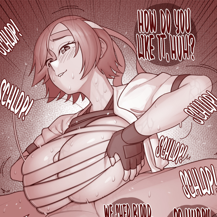 1boy 1girl biting_own_lip blush breasts clothes_lift cropped ekz_(robotekz) english_text fingerless_gloves gloves headband hetero kazama_asuka large_breasts monochrome paizuri penis sarashi shirt_lift short_hair sound_effects sweat teeth tekken upper_teeth_only