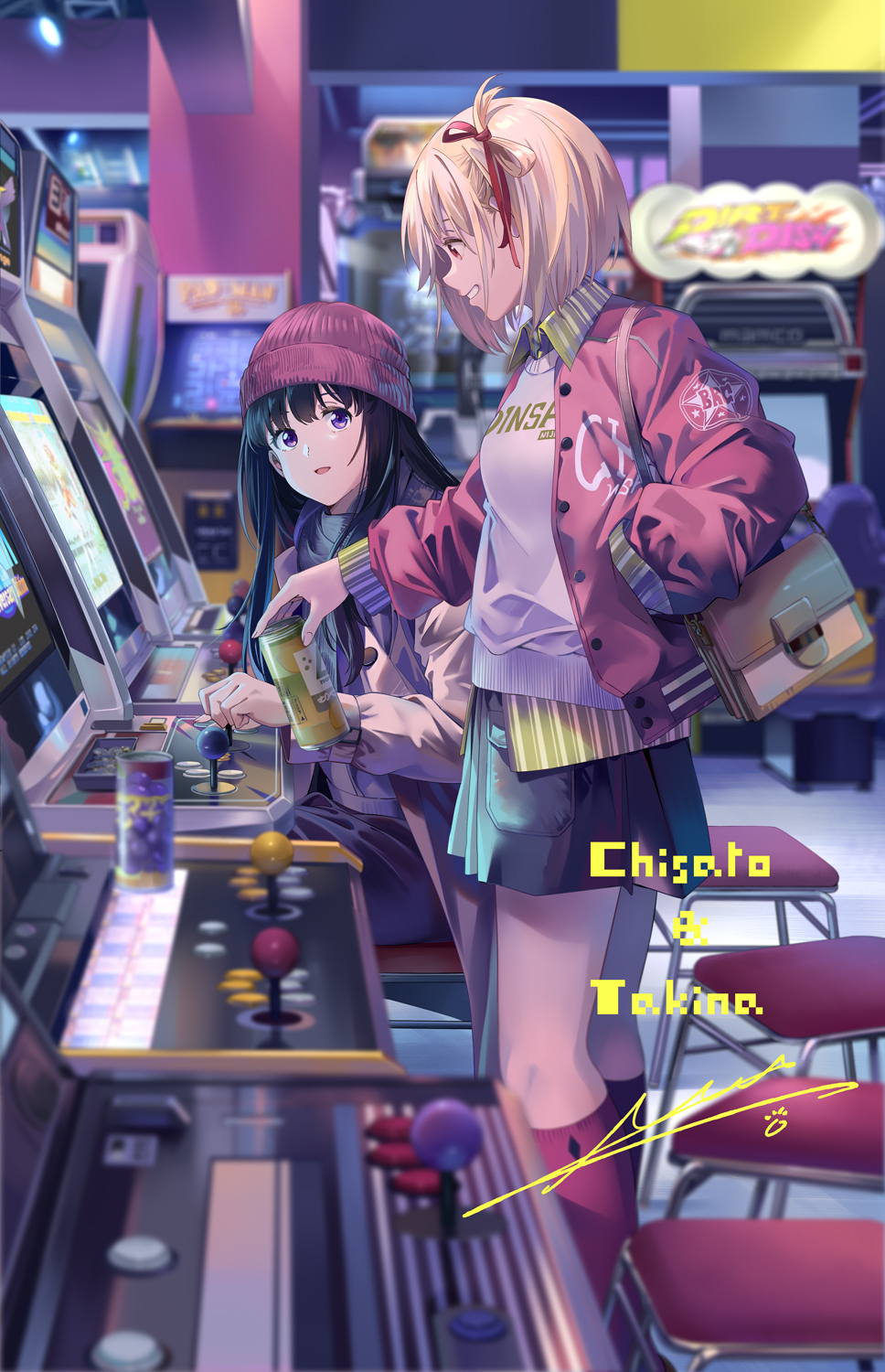 2girls arcade arcade_cabinet bag beanie black_hair blonde_hair bob_cut can chair character_name collared_shirt commentary drink drink_can grey_sweater grin hair_ribbon hand_in_jacket hat highres holding holding_can holding_drink indoors inoue_takina jacket kneehighs long_hair long_sleeves looking_at_another lycoris_recoil multiple_girls neko_(yanshoujie) nishikigi_chisato open_clothes open_jacket open_mouth pink_hat pink_jacket purple_eyes red_eyes red_hat red_ribbon red_socks ribbon shirt short_hair shoulder_bag signature sitting skirt skirt_pocket smile socks standing sweater