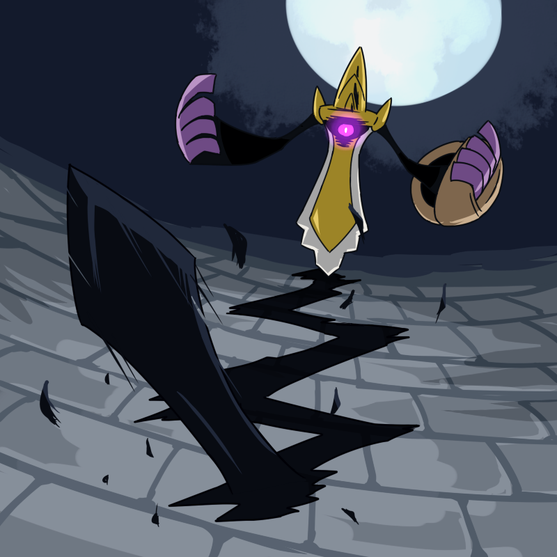 aegislash commentary_request floating full_body full_moon gen_6_pokemon glowing glowing_eyes holding holding_shield kurogane_hagane moon night night_sky nintendo no_humans one-eyed outstretched_arms pokemon pokemon_(creature) pokemon_focus pokemon_move purple_eyes shadow_sneak_(pokemon) shield sky solo spread_arms