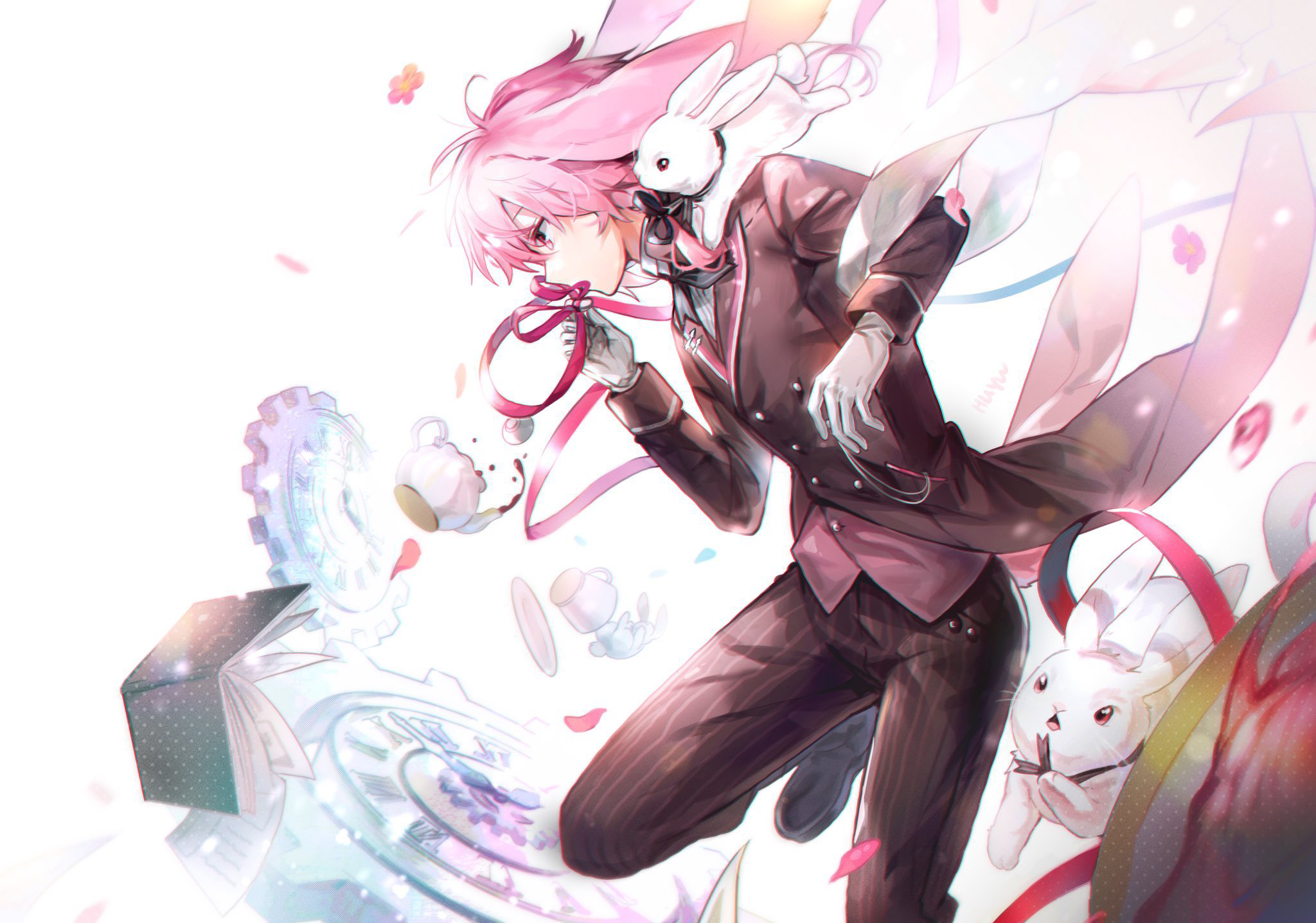 1boy animal_ears ansel_(arknights) ansel_(nighttime_cafe)_(arknights) arknights book brown_suit commentary cup foot_out_of_frame formal_clothes gears gloves highres holding holding_ribbon lop_rabbit_ears male_focus official_alternate_costume pink_eyes pink_hair pink_ribbon rabbit rabbit_ears ribbon saucer simple_background solo suit symbol-only_commentary teacup wed_(lim38869577) white_background white_gloves