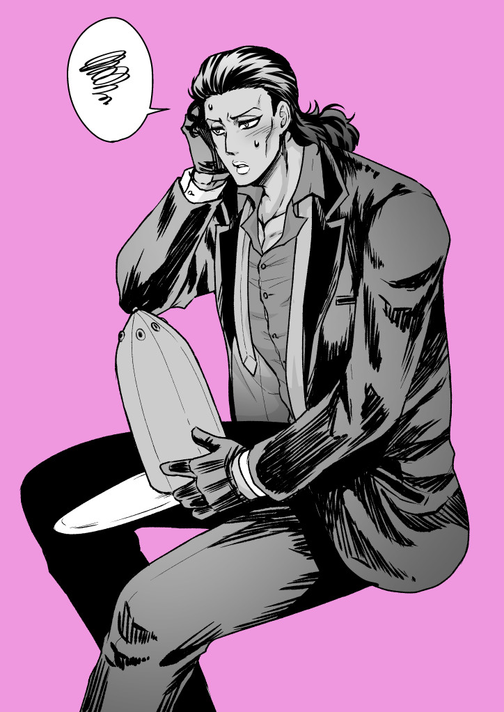 1boy alternate_costume bad_id bad_pixiv_id dark-skinned_male dark_skin formal_clothes giga_omega gloves greyscale greyscale_with_colored_background hat holding holding_unworn_clothes holding_unworn_hat jacket jojo_no_kimyou_na_bouken lips male_focus monochrome necktie oingo open_clothes open_jacket pink_background simple_background sitting solo speech_bubble stardust_crusaders suit undone_necktie unworn_hat unworn_headwear