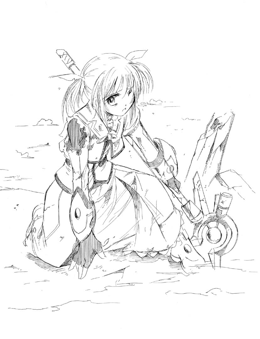 1girl female_focus greyscale jason_(kaiten_kussaku_kikou) looking_at_viewer lyrical_nanoha mahou_shoujo_lyrical_nanoha mahou_shoujo_lyrical_nanoha_a&#039;s monochrome raising_heart raising_heart_(device_mode)_(1st) solo takamachi_nanoha takamachi_nanoha_(movie_1st_mode) torn_clothes
