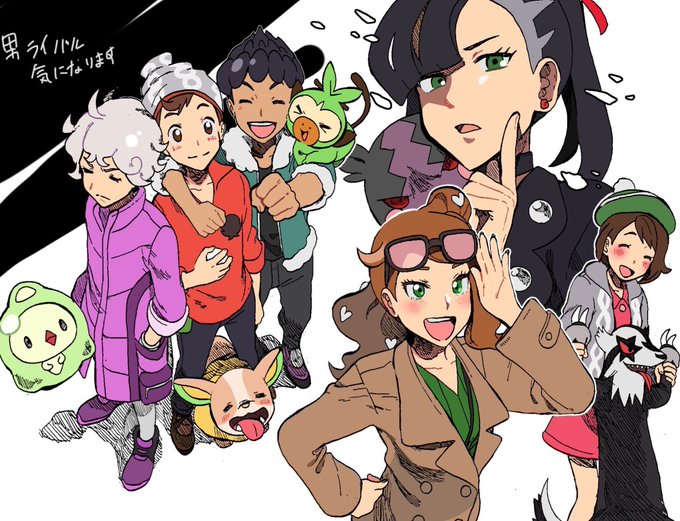 &gt;_&lt; 3boys 3girls :d ahoge asymmetrical_bangs beanie bede_(pokemon) black_choker black_jacket black_shirt blush bob_cut brown_coat brown_eyes brown_hair buttons cable_knit cardigan choker clenched_hand closed_eyes closed_mouth coat collared_dress commentary_request curly_hair dark-skinned_male dark_skin dress duosion earrings eyelashes eyewear_on_head fur-trimmed_jacket fur_trim galarian_form galarian_linoone gen_5_pokemon gen_8_pokemon gloria_(pokemon) green_eyes green_headwear green_shirt grey_cardigan grey_hair grey_headwear grookey hair_ornament hair_ribbon hand_in_pocket hand_up hat heart heart_hair_ornament holding holding_pokemon hop_(pokemon) jacket jewelry long_hair marnie_(pokemon) morpeko morpeko_(hangry) multiple_boys multiple_girls nashubi_(to_infinity_wow) nintendo open_clothes open_jacket open_mouth pants pink_dress pokemon pokemon_(creature) pokemon_on_arm pokemon_swsh popped_collar purple_coat red_ribbon ribbed_shirt ribbon shirt shoes short_hair sleeves_rolled_up smile sonia_(pokemon) standing sunglasses tam_o&#039;_shanter teeth tongue translation_request upper_teeth_only victor_(pokemon) yamper |d
