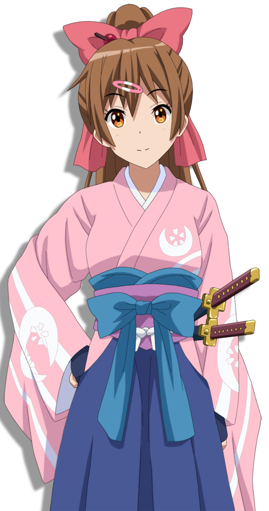 10s 1girl blue_hakama bow brown_eyes brown_hair chuunibyou_demo_koi_ga_shitai! cosplay cp9a female_focus hair_between_eyes hair_bow hair_ornament hairclip hakama hakama_skirt hand_on_own_hip head_tilt high_ponytail japanese_clothes kimono kokonoe_yae kokonoe_yae_(cosplay) long_hair looking_at_viewer nibutani_shinka pink_kimono ponytail red_bow simple_background skirt smile solo sword voice_actor_connection weapon white_background