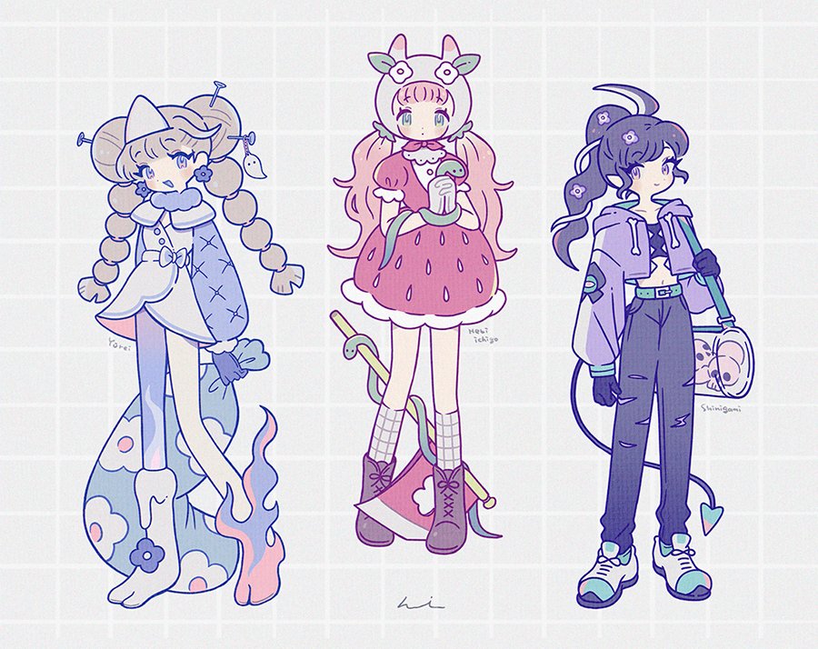 3girls animal_hat asymmetrical_footwear asymmetrical_legwear axe bag belt blonde_hair blue_eyes boots charm_(object) colored_mouth cow_hat crop_top cropped_jacket demon_tail dress duffel_bag earrings flower flower_earrings food-themed_clothes food_print fruit_print full_body fur_collar ghost gloves gradient_hair green_eyes grid_background hair_flower hair_ornament hasuimo hat holding holding_bag holding_sack hood hood_down interlocked_fingers jacket jewelry kneehighs looking_to_the_side low_twintails mismatched_footwear mismatched_legwear multicolored_hair multiple_girls nail_(hardware) open_mouth original pants pantyhose pink_hair pointy_ears ponytail puffy_short_sleeves puffy_sleeves purple_eyes sack shoes short_sleeves skull smile snake sneakers socks straight-on strawberry_print tail torn_clothes torn_pants triangular_headpiece twintails