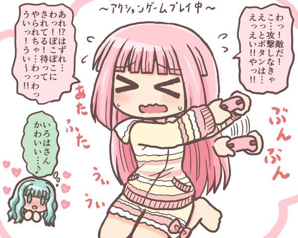 &gt;_&lt; 2girls bad_id bad_pixiv_id blunt_bangs blush closed_eyes commentary_request controller flying_sweatdrops futaba_sana game_controller hair_down heart holding holding_controller holding_game_controller hood hoodie long_hair long_sleeves magia_record:_mahou_shoujo_madoka_magica_gaiden mahou_shoujo_madoka_magica multiple_girls official_alternate_costume open_mouth pajamas pink_hair reverse_(bluefencer) seiza shaking simple_background sitting smile solid_oval_eyes solo_focus speech_bubble striped_clothes striped_hoodie striped_pajamas sweatdrop tamaki_iroha tamaki_iroha_(pajamas_costume) thought_bubble translation_request wavy_mouth white_background