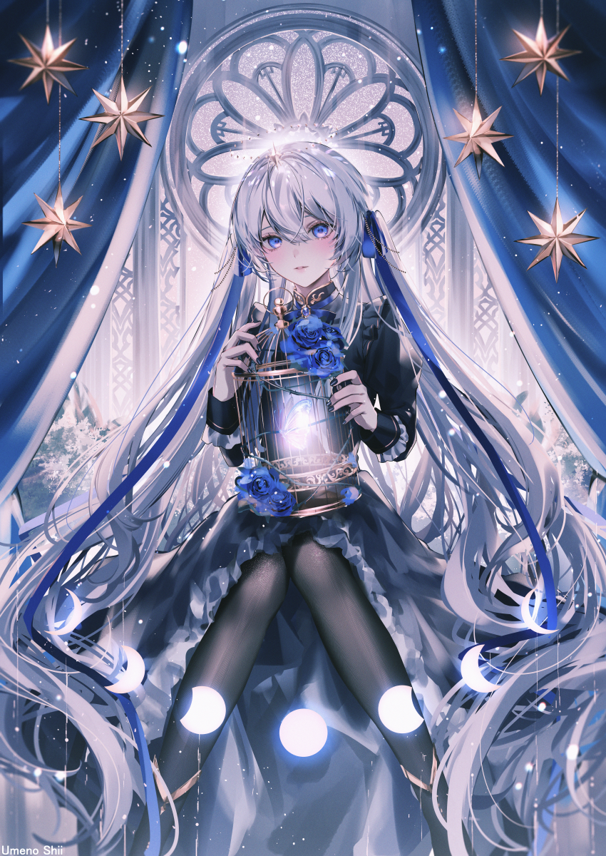 1girl birdcage black_dress black_nails black_pantyhose blue_eyes blue_flower blue_ribbon bug butterfly cage dress flower glowing_butterfly hair_ribbon highres holding holding_cage insect long_hair long_sleeves looking_at_viewer nail_polish original pantyhose ribbon solo twintails umeno_shii very_long_hair white_hair