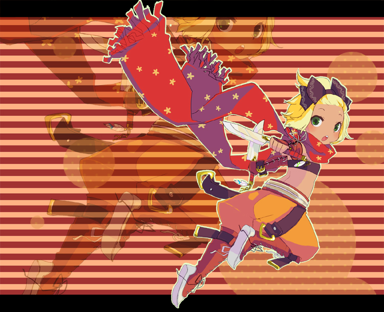 1girl 7th_dragon 7th_dragon_(series) aged_down blonde_hair blush child dark-skinned_female dark_skin female_focus forehead full_body green_eyes hair_ribbon hatch_(7th_dragon) high_ponytail knife looking_back noko351 ponytail ribbon rogue_(7th_dragon) scarf short_hair solo