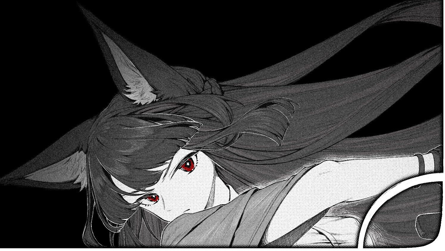 1girl animal_ear_fluff animal_ears black_background blunt_bangs closed_mouth cyta_celest fox_ears fox_girl greyscale hoshimi_miyabi long_hair looking_at_viewer monochrome red_eyes serious sidelocks simple_background solo spot_color upper_body zenless_zone_zero