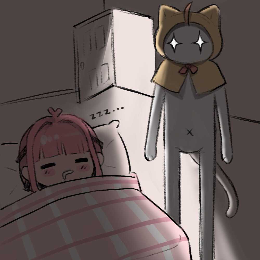 +_+ 1girl ahoge animal antenna_hair black_ribbon blunt_bangs blush_stickers bow bowtie cat chibi cloak closed_eyes clothed_animal commentary commentary_request dark drooling ear_covers english_commentary hair_ribbon hood hood_up hooded_cloak indoors infinity_nikki long_hair long_legs looking_at_another lying momo_(nikki) navel nikki_(nikki) nikki_(series) no_mouth nxnjakat on_back on_bed open_door open_mouth orange_bow orange_bowtie pink_hair ribbon sidelocks sleeping tress_ribbon under_covers white_cat yellow_cloak zzz