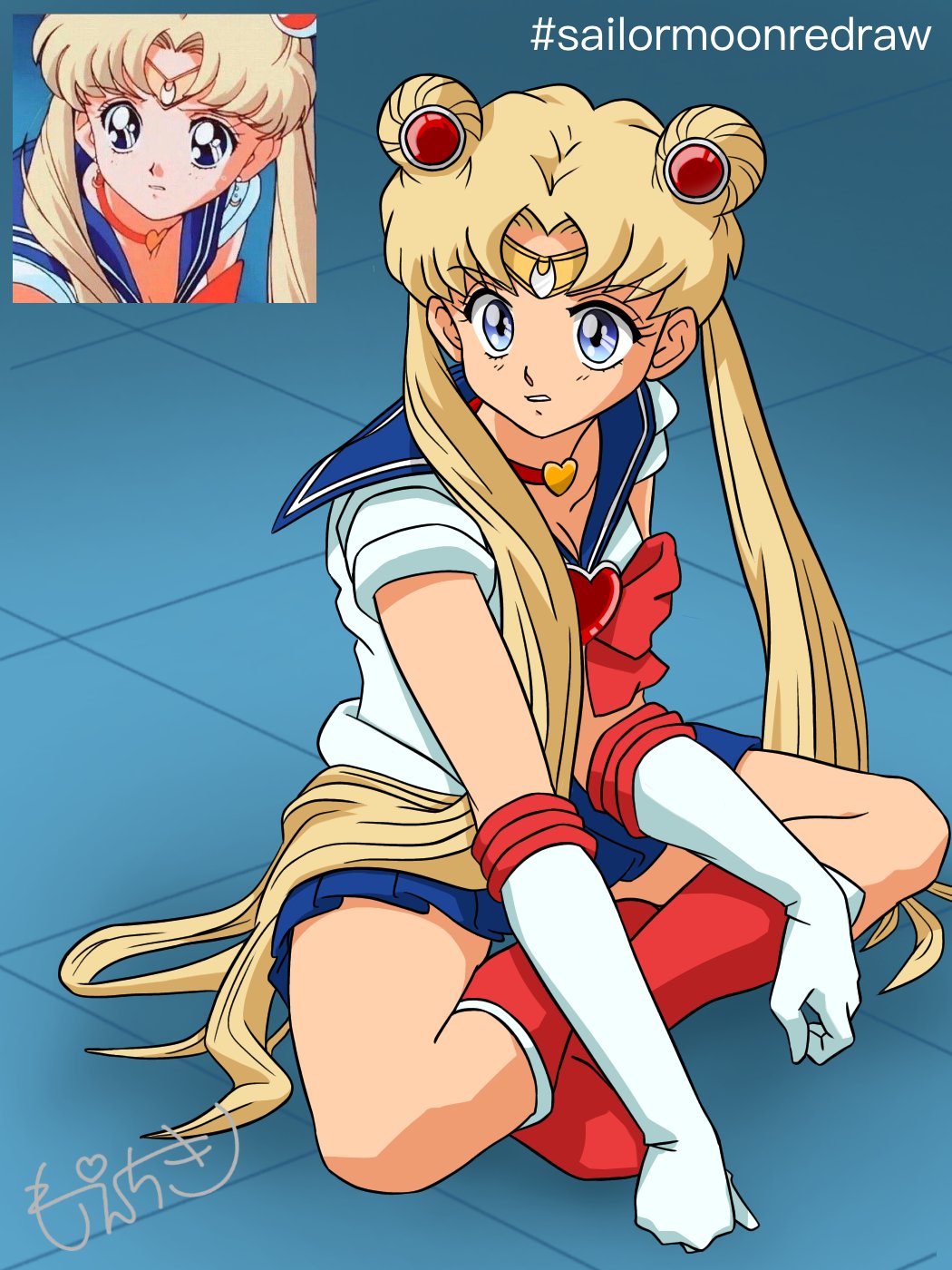 1girl bishoujo_senshi_sailor_moon bishoujo_senshi_sailor_moon_s blonde_hair blue_eyes blue_sailor_collar choker derivative_work double_bun feet hair_bun heart heart_choker highres jewelry legs long_hair looking_at_viewer meme moechiki red_choker sailor_collar sailor_moon sailor_moon_redraw_challenge_(meme) sailor_senshi_uniform screenshot_redraw shoes skirt solo tsukino_usagi twintails