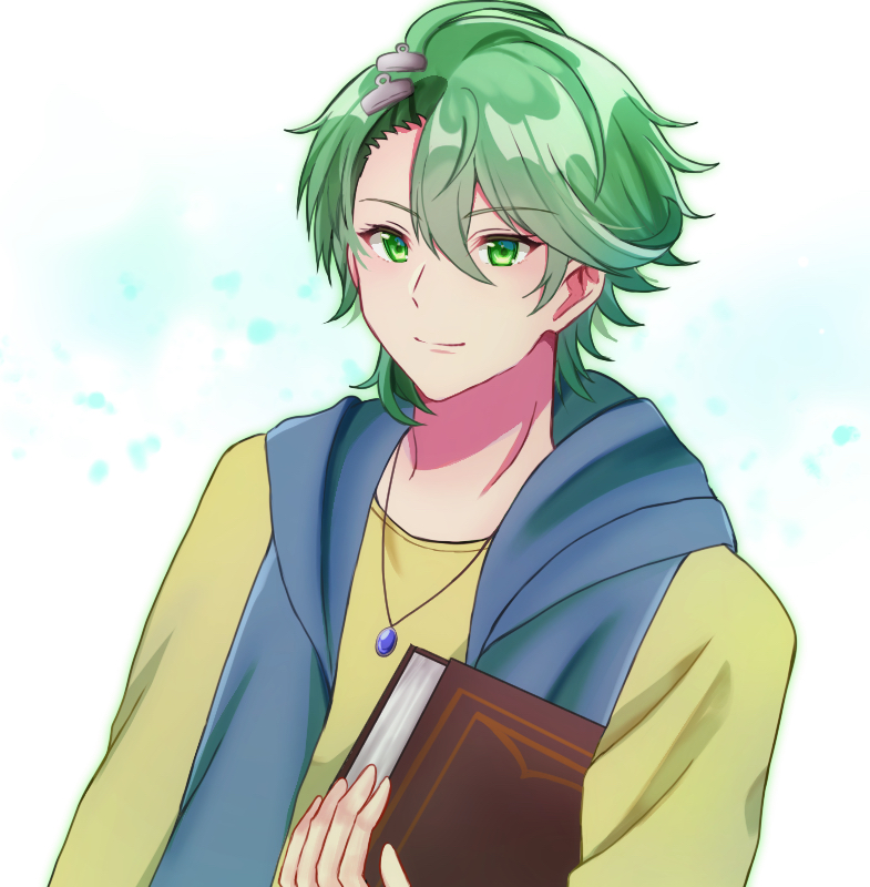 1boy bad_id bad_pixiv_id book fuuto_tantei green_eyes green_hair hair_between_eyes hair_ornament hairclip hood hood_down hooded_vest hoodie jewelry kamen_rider kamen_rider_w male_focus necklace philip_(kamen_rider) pon_yu333 shirt short_hair upper_body vest white_background yellow_shirt