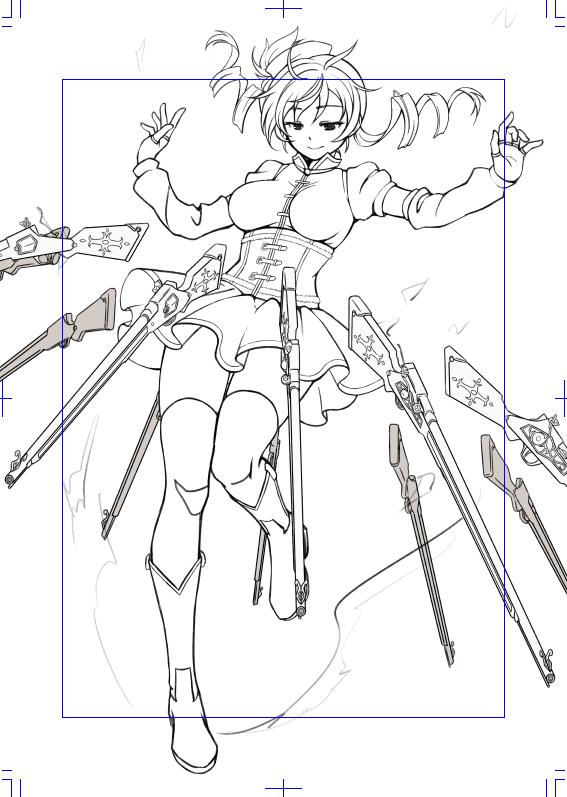 1girl boots breasts character_request closed_mouth commentary copyright_request corset detached_sleeves drill_hair english_commentary floating_hair frilled_skirt frills gun half-closed_eyes hat impossible_clothes impossible_shirt large_breasts lineart long_hair long_sleeves miniskirt pas_(paxiti) puffy_short_sleeves puffy_sleeves rifle shirt short_sleeves skirt smile solo spot_color telekinesis thighhighs twin_drills underbust weapon zettai_ryouiki