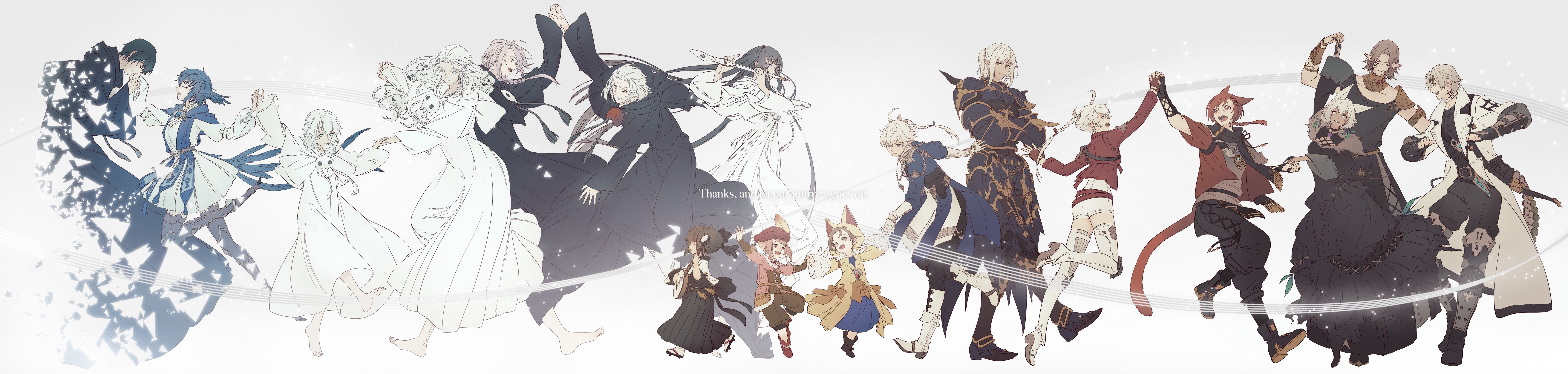 absurdres alisaie_leveilleur alphinaud_leveilleur animal_hood bard_(final_fantasy) black_robe blue_hair brown_hair cat_hood dancing dress elezen elf emet-selch estinien_varlineau facial_mark fermium.ice final_fantasy final_fantasy_xiv flute g'raha_tia hermes_(ff14) highres hood hythlodaeus hyur instrument krile_baldesion_(ff14) lalafell long_image lute_(instrument) meteion miqo'te pointy_ears purple_hair red_hair robe smile spoilers tataru_taru thancred_waters urianger_augurelt venat_(ff14) warrior_of_light_(ff14) whisker_markings white_hair wide_image y'shtola_rhul