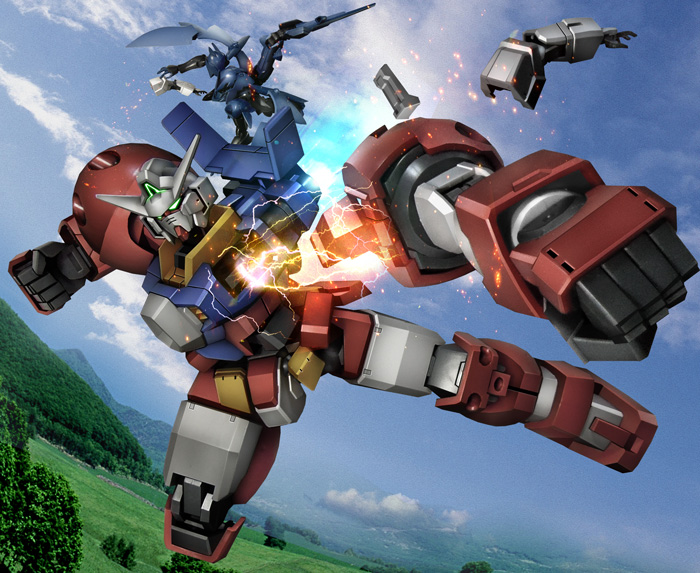 aqua_eyes battle blue_sky cloud cloudy_sky gafran gundam gundam_age gundam_age-1 gundam_age-1_titus hiropon_(tasogare_no_puu) humanoid_robot mobile_suit no_humans outdoors robot science_fiction sky transformation v-fin