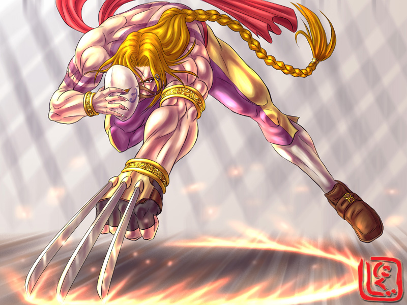 1boy armband blonde_hair bracelet braid capcom claw_(weapon) gloves jewelry male_focus mask unworn_mask muscular nikuji-kun ponytail red_eyes single_braid single_glove solo street_fighter street_fighter_ii_(series) tattoo topless_male vega_(street_fighter) weapon