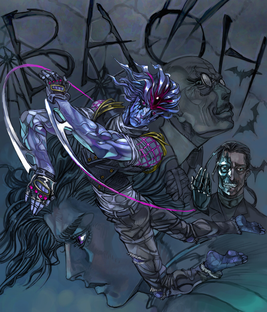 1980s_(style) 4boys android bad_id bad_pixiv_id baoh baoh_raihousha bat_(animal) black_eyes black_hair blade blue_skin colored_skin cyborg dordo dorudo_(baoh) dr._kasuminome facial_hair fingerless_gloves glasses gloves hashizawa_ikurou highres male_focus multiple_boys mustache oldschool pink_eyes purple_eyes retro_artstyle torn_clothes touge_(kubiwa_tsuki)