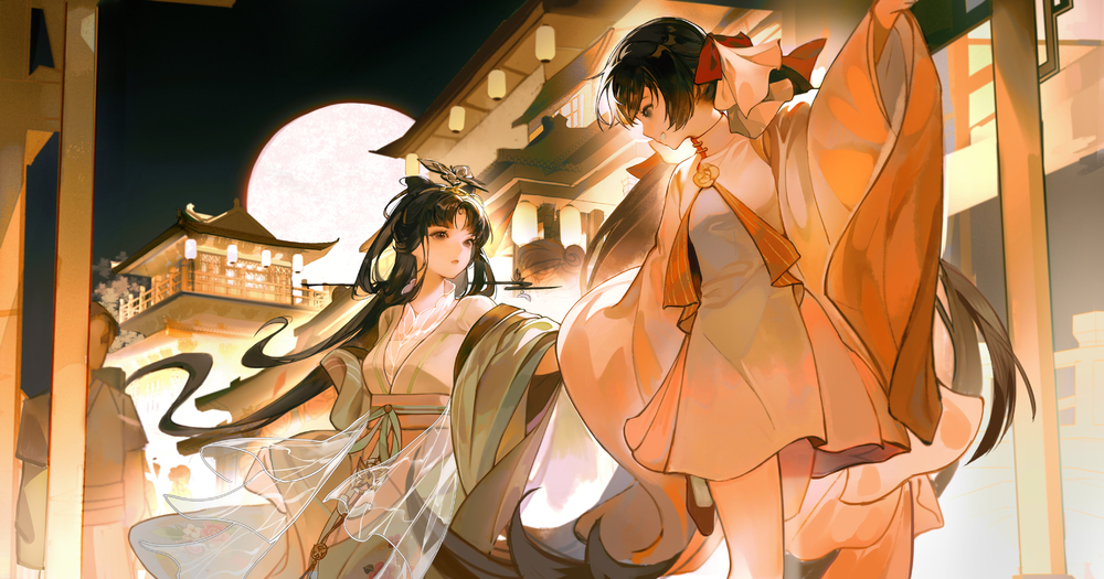 2girls architecture bad_id bad_mihuashi_id baibaibaizai black_eyes black_hair blue_ribbon bow bow-shaped_hair chinese_clothes collared_dress commission cowboy_shot crown daxiushan dress dudou duijin_ruqun east_asian_architecture eyelashes faceless flats flower flower_brooch full_moon gold_crown green_robe grey_hanfu grin hair_bow hair_bun hair_ornament hair_rings hairpin hand_grab hanfu happy hezi high_collar jacket lantern leg_up long_hair long_sleeves looking_at_another making-of_available moon multiple_girls multiple_hair_bows night night_sky original outline outstretched_arm paper_lantern parted_bangs people pink_jacket pink_ribbon pink_sash pleated_dress red_bow red_shoes ribbon robe rose sash shirt shoes short_dress single_hair_bun sky smile socks swept_bangs town vertical-striped_ribbon very_long_hair waist_ribbon walking white_bow white_dress white_outline white_shirt white_socks wide_sleeves yellow_flower yellow_rose