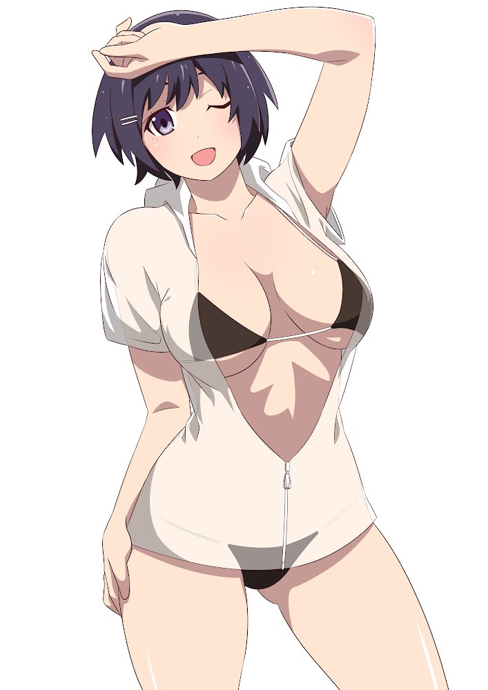 :d alternate_costume anime_coloring arm_up bikini bikini_under_clothes black_bikini black_hair blush breasts breasts_apart collarbone commentary_request contrapposto cowboy_shot dot_nose gluteal_fold grey_eyes guchiknight hair_ornament hairclip hand_on_own_forehead hand_on_own_thigh hanekawa_tsubasa hood hood_down hoodie large_breasts light_blush looking_at_viewer medium_eyebrows midriff monogatari_(series) no_pants official_alternate_hairstyle official_style one_eye_closed open_clothes open_hoodie open_mouth purple_eyes see-through_hoodie short_hair short_sleeves simple_background smile standing string_bikini swimsuit swimsuit_under_clothes white_background white_hoodie zipper zipper_pull_tab