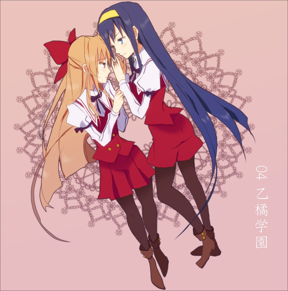 2girls ass blonde_hair blue_eyes blue_hair blush boots hair_ribbon hairband himemiya_chikane kannazuki_no_miko kurusugawa_himeko legs long_hair long_sleeves multiple_girls ototachibana_academy_school_uniform pantyhose profile purple_eyes ribbon school_uniform skirt smile yellow_hairband yokige yuri
