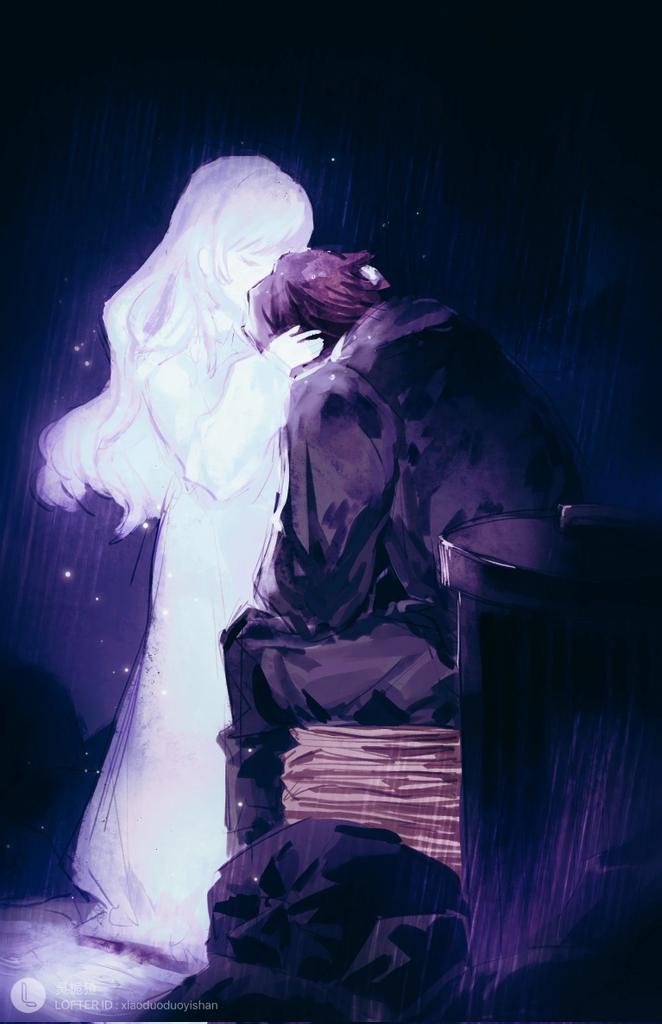 1boy 1girl black_coat brown_hair cardboard catherine_(project_moon) closed_eyes coat dress full_body ghost heathcliff_(project_moon) limbus_company ling_zhiyun lofter_username long_hair long_sleeves project_moon rain sitting trash_bag trash_can white_dress white_hair
