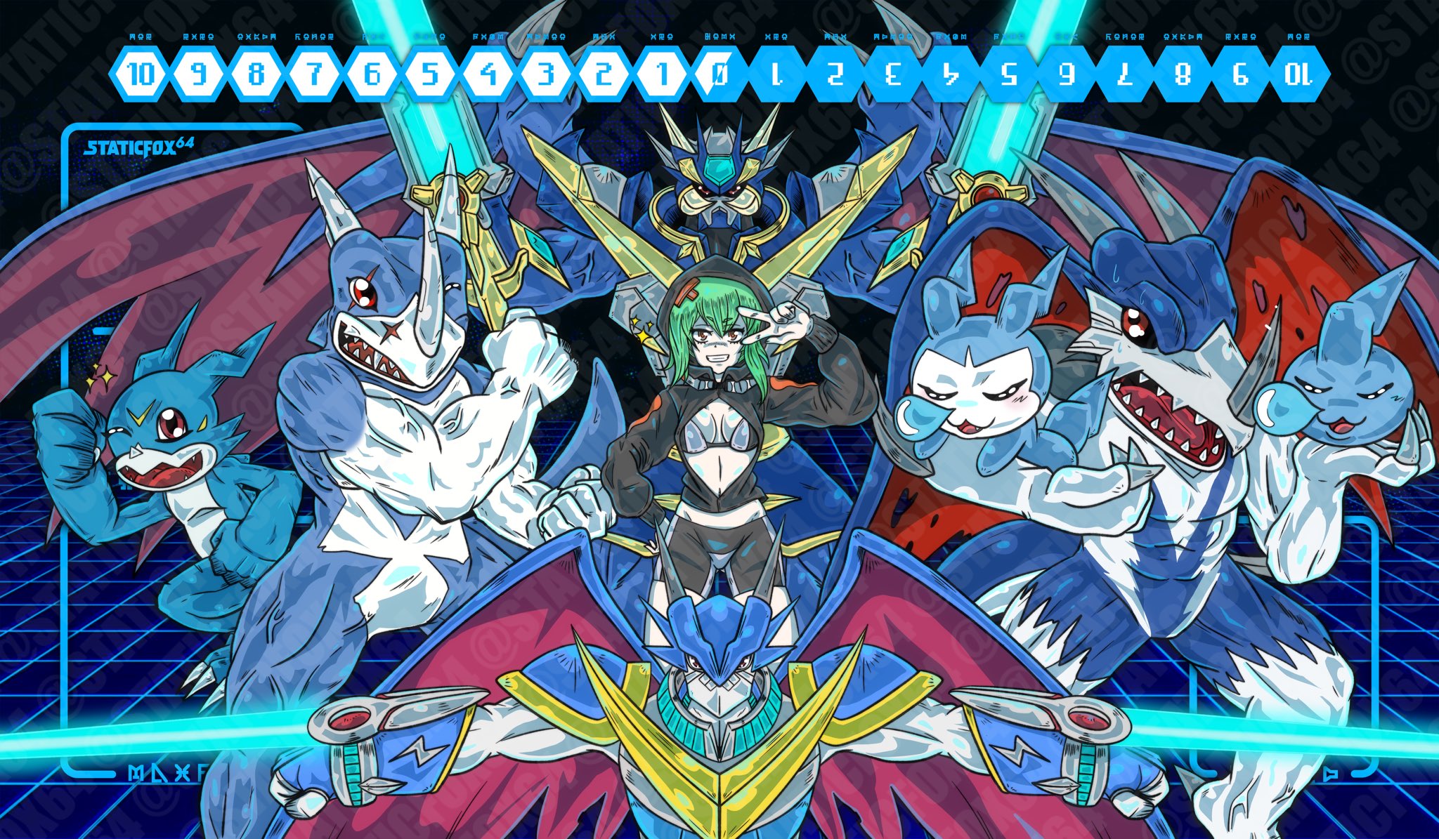 aerov-dramon bikini bikini_top_only chibimon chicomon digimon goggles goggles_around_neck green_hair highres hood hoodie orange_eyes shinomiya_rina short_hair swimsuit ulforcev-dramon ulforcev-dramon_x-antibody v-mon xv-mon