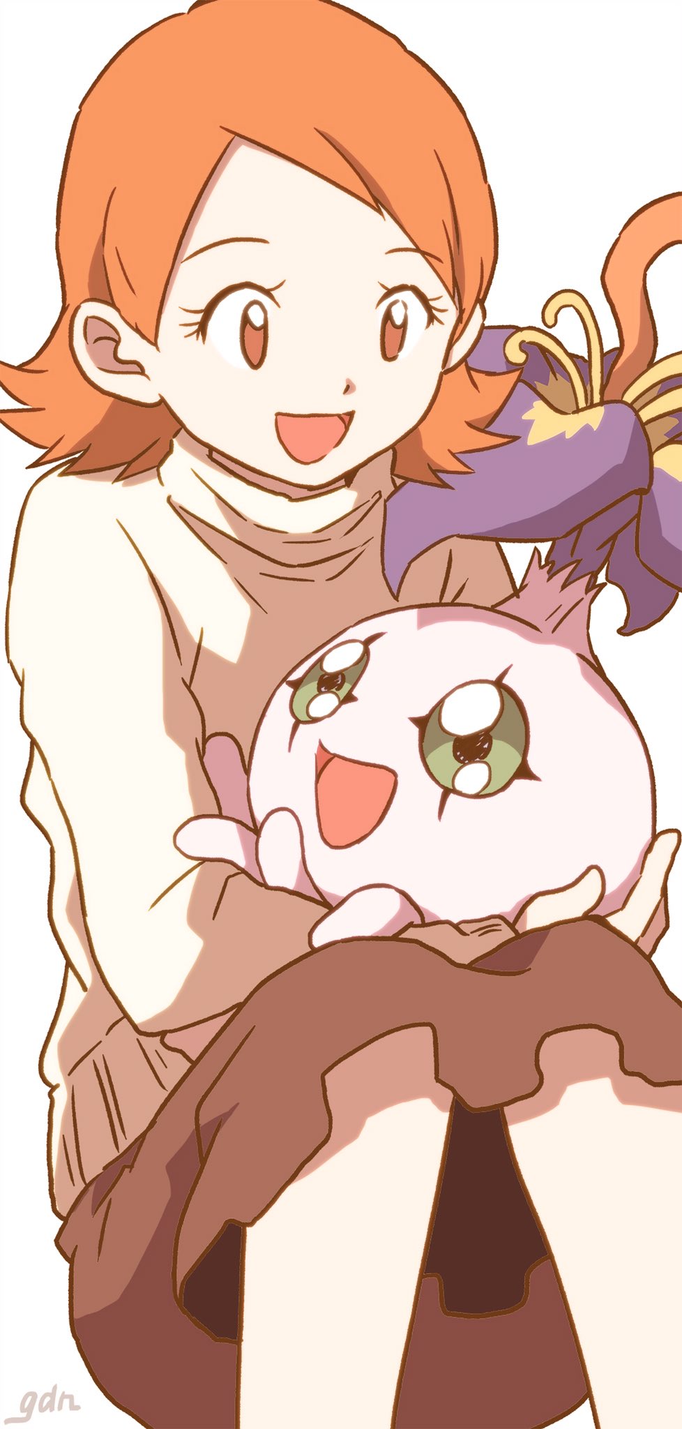 1girl :d brown_eyes brown_hair brown_skirt colored_sclera digimon digimon_(creature) digimon_adventure_02 gdn0522 green_sclera highres long_sleeves medium_hair medium_skirt open_mouth parted_bangs pyocomon simple_background sitting skirt smile solo straight_hair sweater takenouchi_sora white_background white_sweater