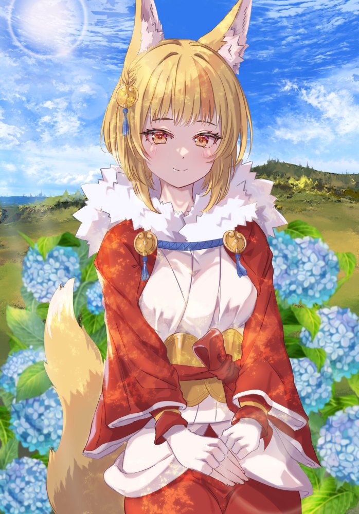 1girl animal_ear_fluff animal_ears blonde_hair blush breasts brown_hair closed_mouth fingerless_gloves fire_emblem fire_emblem_fates flower fox_ears fox_girl fox_tail fur-trimmed_jacket fur-trimmed_kimono fur_trim fuussu_(21-kazin) gloves hair_ornament jacket japanese_clothes kimono kitsune long_sleeves multicolored_hair nintendo outdoors selkie_(fire_emblem) short_hair smile solo streaked_hair tail two-tone_hair white_gloves yellow_eyes