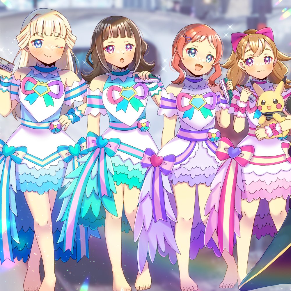 4girls :d barefoot blonde_hair blue_eyes blurry blurry_background blush brown_hair closed_mouth commentary_request commission creatures_(company) crossover cure_friendy cure_friendy_(diamond_ribbon_style) cure_lillian cure_lillian_(diamond_ribbon_style) cure_nyammy cure_nyammy_(diamond_ribbon_style) cure_wonderful cure_wonderful_(diamond_ribbon_style) depth_of_field dress game_freak gen_1_pokemon holding inukai_iroha inukai_komugi kou_hiyoyo long_hair multiple_girls nekoyashiki_mayu nekoyashiki_yuki nintendo open_mouth pikachu pokemon precure purple_dress purple_eyes skeb_commission sleeveless sleeveless_dress smile standing very_long_hair white_dress wonderful_precure!