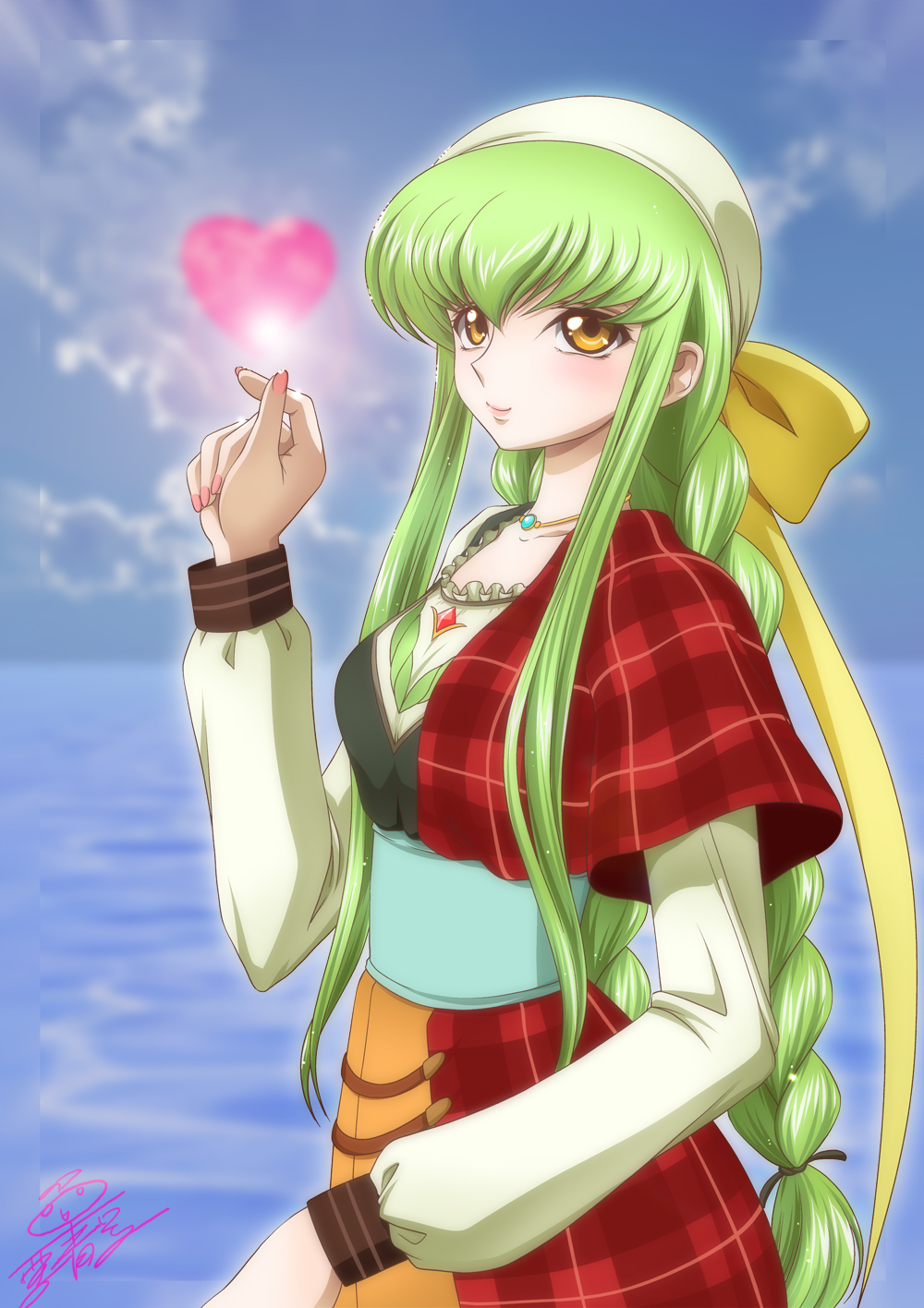 1girl artist_name braid braided_ponytail breasts c.c. code_geass female_focus green_hair heart jewelry kaname_aomame light_blush long_hair necklace ocean sky small_breasts tagme yellow_eyes