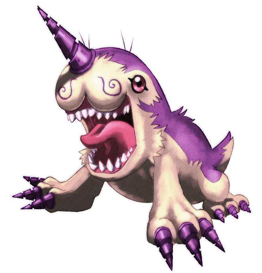 digimon drill mole nisedrimogemon pink_eyes purple_fur sharp_teeth teeth tongue tongue_out white_fur